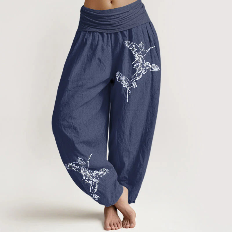 Buddha Stones Flying Crane Pattern Women's Elastic Waist Harem Cotton Pants
