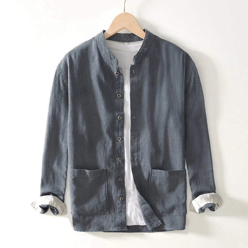Buddha Stones Solid Color Men's Buttons Long Sleeve Cotton Linen Shirt With Pockets