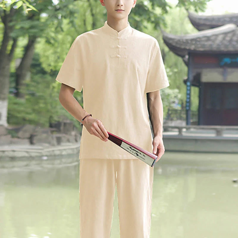 Buddha Stones 2Pcs Men's Short Sleeve Shirt Top T-Shirt Pants Meditation Zen Tai Chi Cotton Linen Clothing Set