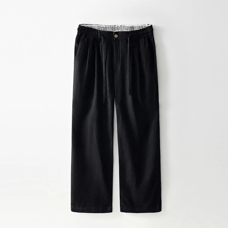 Buddha Stones Fall Solid Drawstring Zipper Men's Linen Wide Leg Pants With Pockets