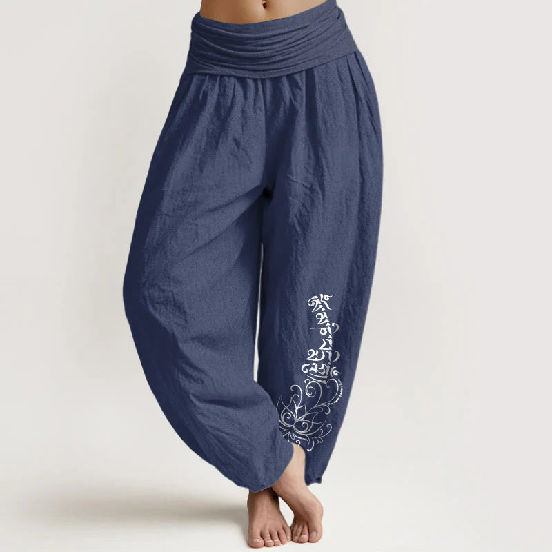 Buddha Stones Pure Cotton Simple Om Mani Padme Hum Lotus Pattern Women's Elastic Waist Harem Pants