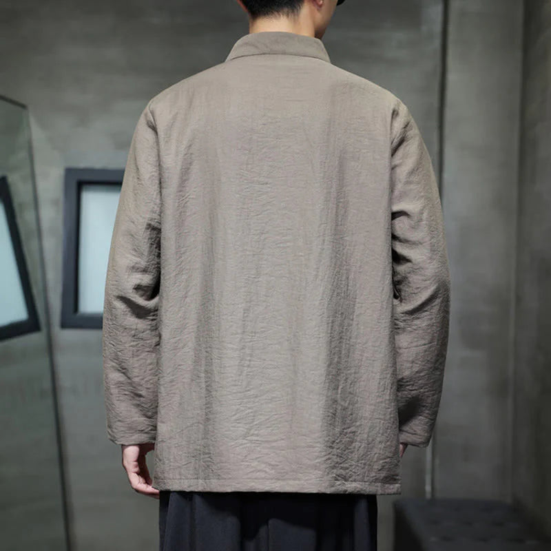 Buddha Stones Fall Solid Color Bamboo Leaf Embroidery Men's Long Sleeve Cotton Linen Shirt