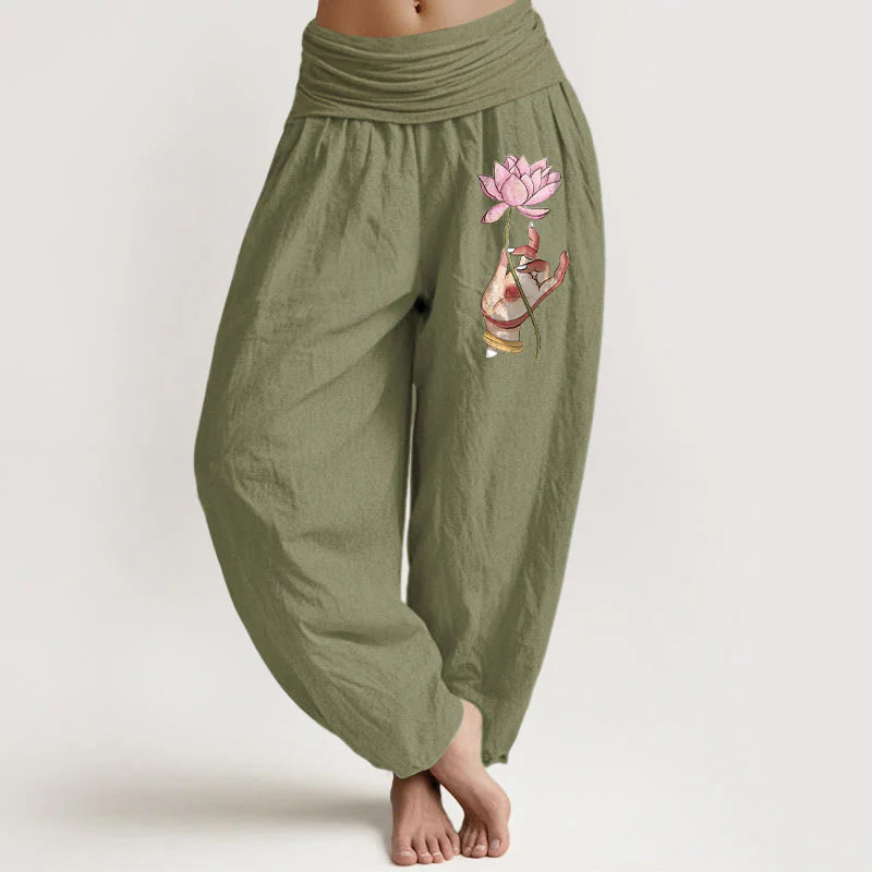 Buddha Stones Hand Holding Delicate Lotus Pattern Women's Elastic Waist Harem Cotton Pants