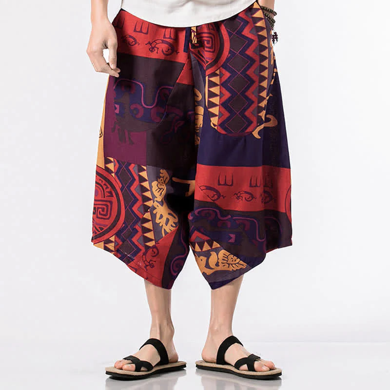 Buddha Stones Ethnic Printing Floral Geometric Pattern Men's Harem 7-8 Length Pants With Pockets