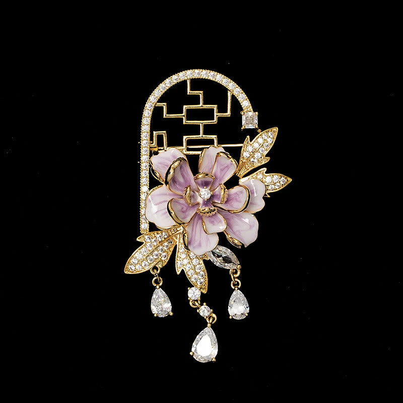 Buddha Stones Chinese-style Window Purple Peony Flower Tassel Copper Brooch