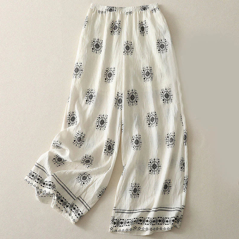 Buddha Stones Bohemian Printing Celestial Pattern Women's Wide Leg Cotton Pants With Pockets
