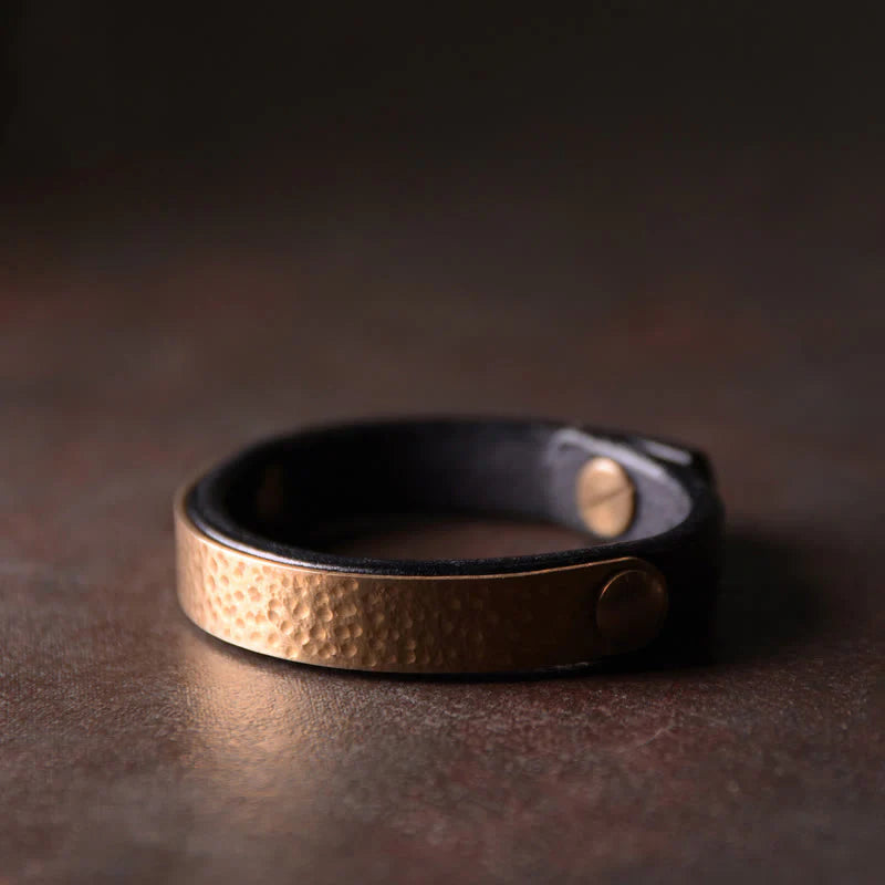 Buddha Stones Vintage Handmade Texture Copper Brass Leather Wealth Bracelet Bangle