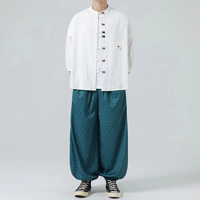 Buddha Stones Summer Frog-Button Front Stand Collar Men's Three Quarter Sleeve Cotton Shirt Cardigan With Pocket