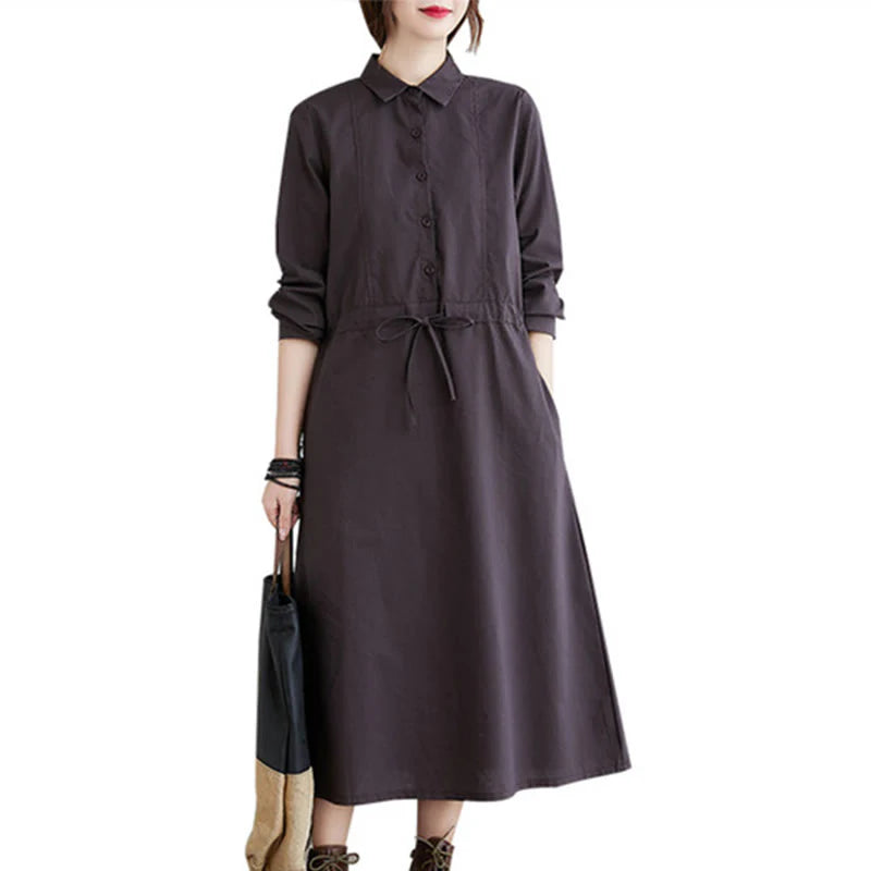Buddha Stones Fall Solid Color Lace-Up Design Lapel Long Sleeve Cotton Midi Dress With Pockets