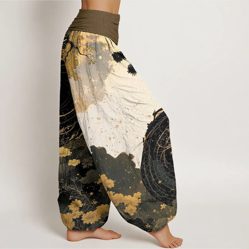 Buddha Stones Cotton Casual Dragon Ancient Tree Pattern Women's Elastic Waist Harem Pants