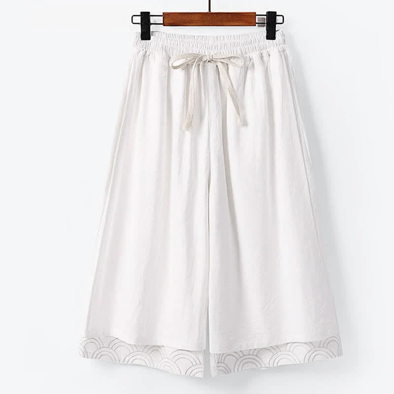 Buddha Stones Summer Embroidery Capri Length Cotton Linen Men's Wide Leg Pants With Pockets