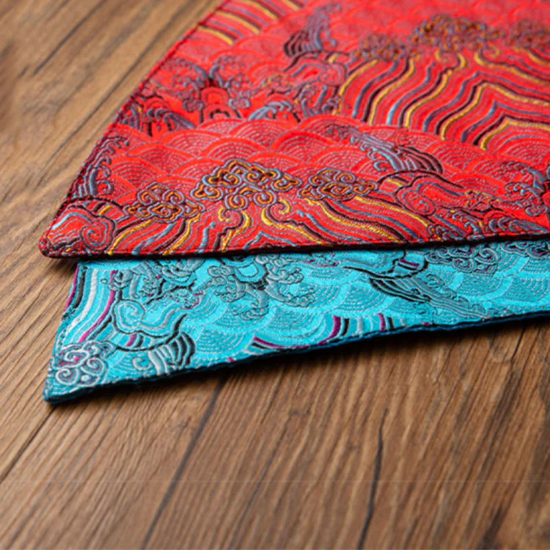 Buddha Stones Vintage Sea Wave Bamboo Plum Blossom Embroidered Cup Mat Pad Tea Cup Coaster Kung Fu Tea Mat