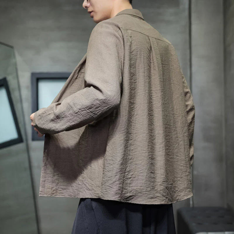 Buddha Stones Spring Men's Solid Color Buttons Design Long Sleeve Shirt