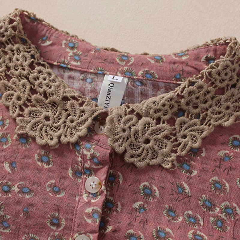 Buddha Stones Front Button Design Floral Print Pattern Women's Cotton Half Sleeve Shirt