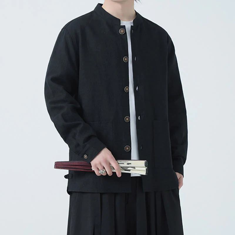 Buddha Stones Men's Button Ramie Linen Cotton Fleece Lined Jacket Shirt With Pockets