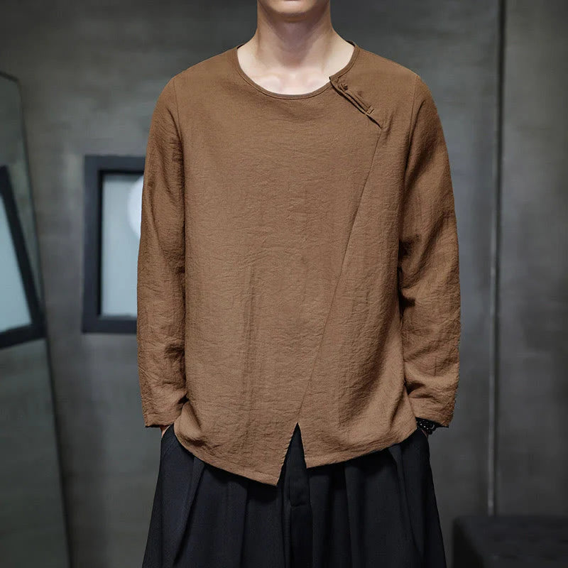 Buddha Stones Solid Color Loose Long Sleeve Round Neck Men's Shirts