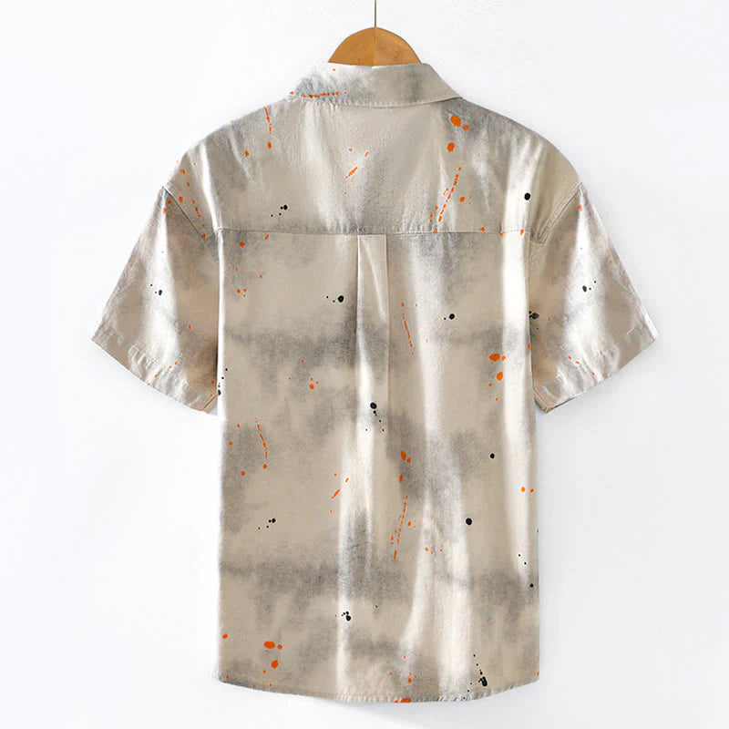 Buddha Stones Summer Ink Splashing Color Men's Button Short Sleeve Cotton Shirt