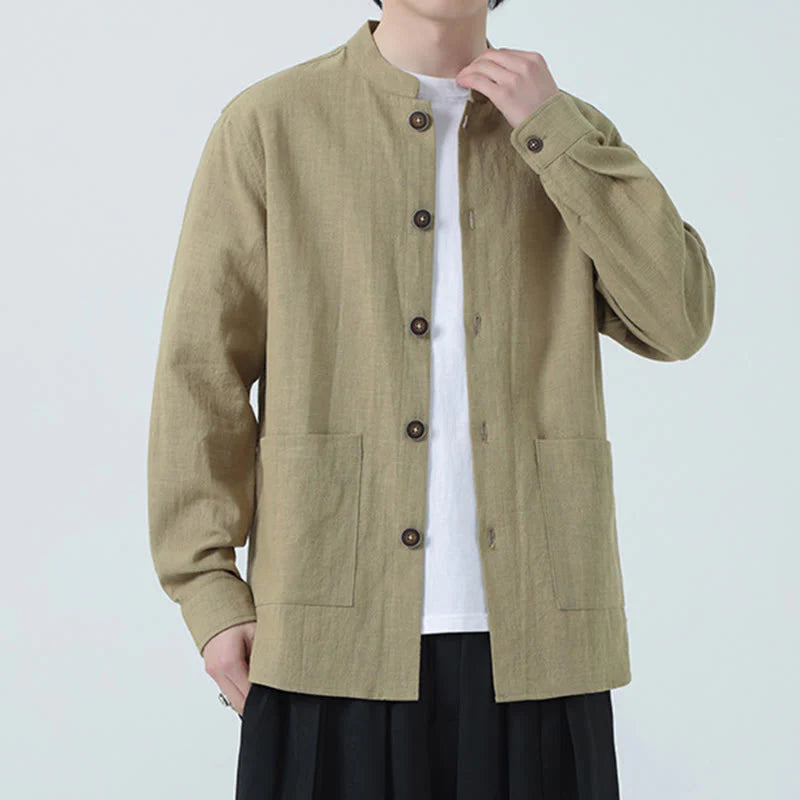 Buddha Stones Men's Button Ramie Linen Cotton Fleece Lined Jacket Shirt With Pockets