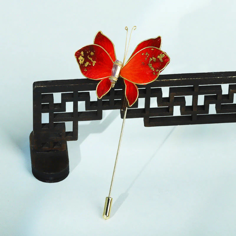 Buddha Stones Handcrafted Silk Art Velvet Flower Red Butterfly Brooch