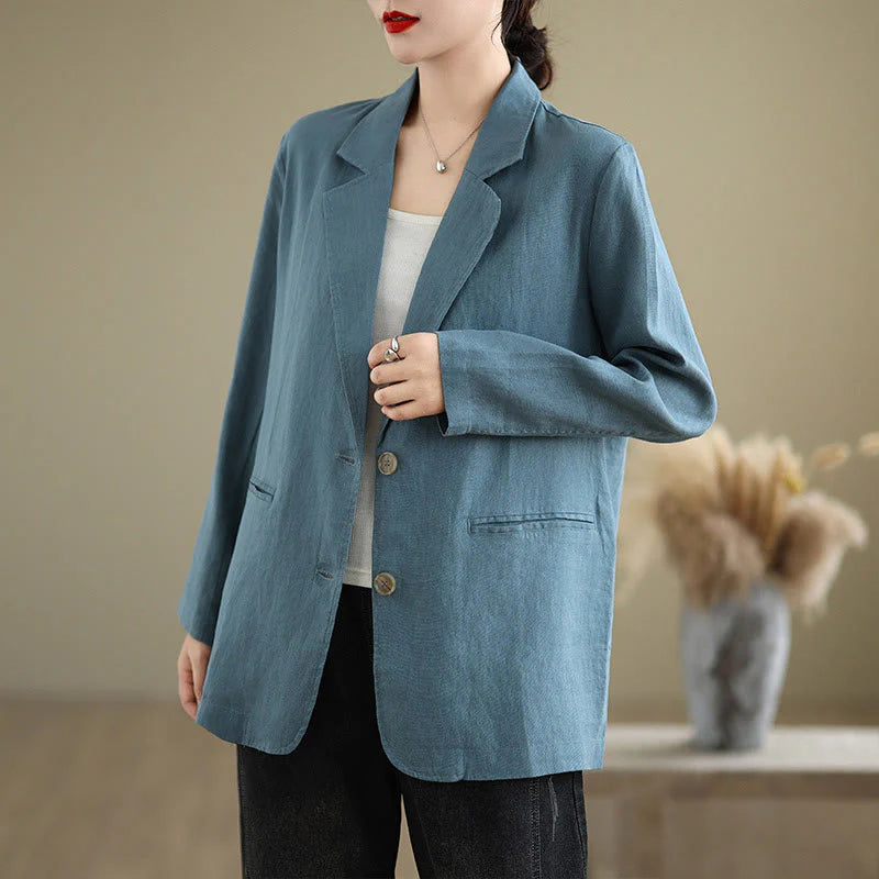 Buddha Stones Spring Solid Color Long Sleeve Cotton Linen Women's Jacket With Pockets