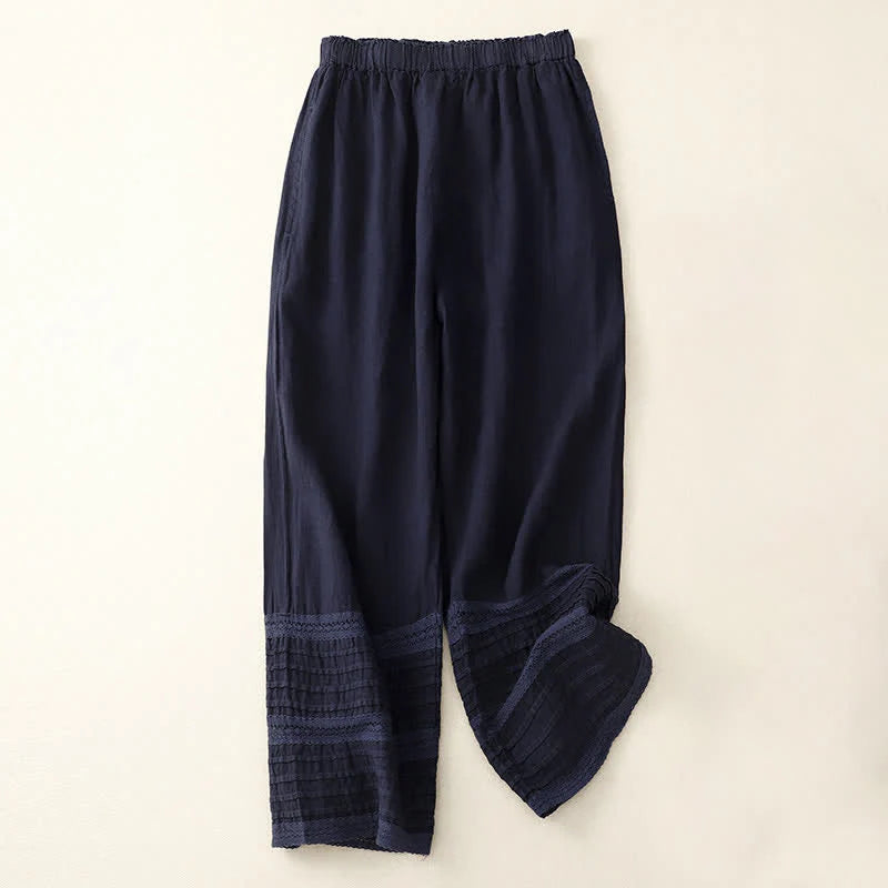 Buddha Stones Spring Elastic Waist Lace Pleated Hem Cotton Women's Pants With Pockets