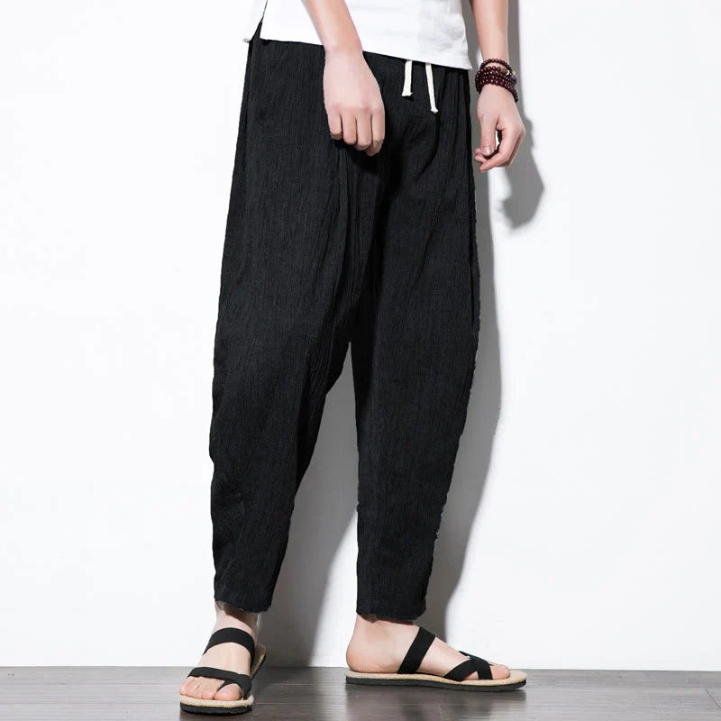 Buddha Stones Casual Plain Pleated Design Drawstring Men's Long Cotton Linen Harem Pants With Pockets