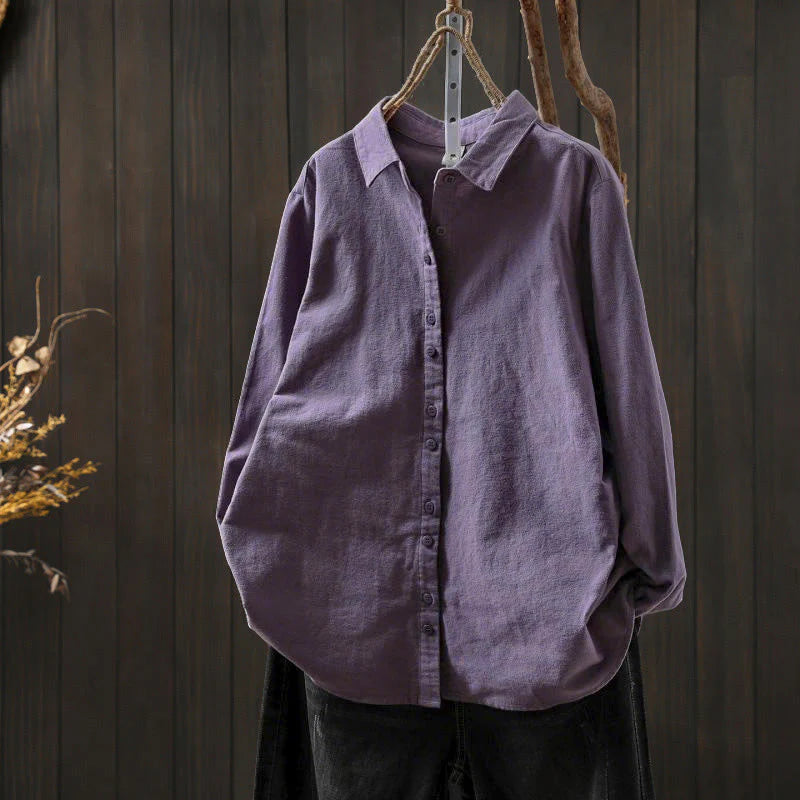 Buddha Stones Fall Solid Color Button Down Stand Collar Long Sleeve Women's Cotton Shirt
