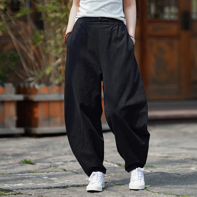 Buddha Stones Summer Plain One Chinese Frog-Button Straight Leg Design Men's Cotton Linen Pants With Pockets