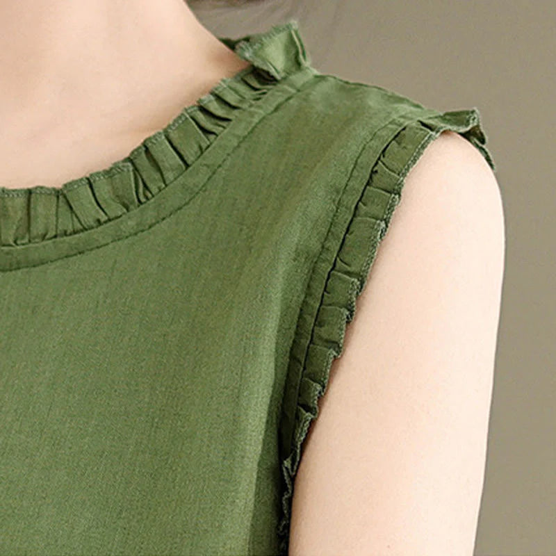 Buddha Stones Summer Ruffled Design Drawstring Crew Neck Cotton Linen Women's Sleeveless Vest