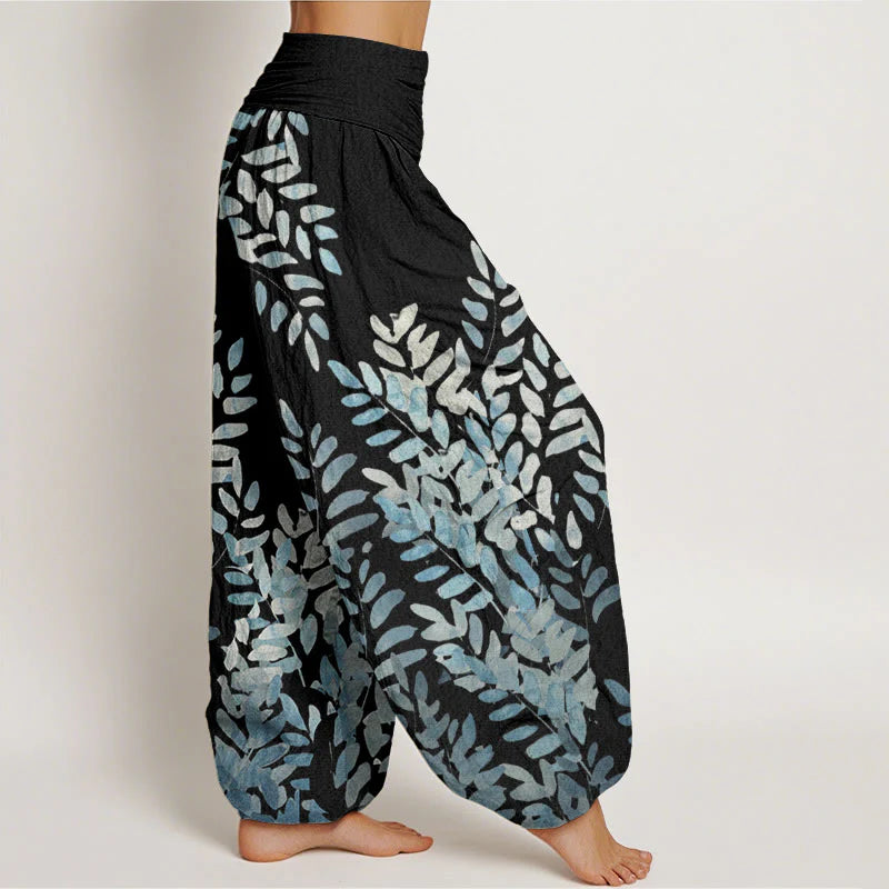 Buddha Stones Cotton Casual Plant Interlaced Leaves Pattern Women's Elastic Waist Harem Pants
