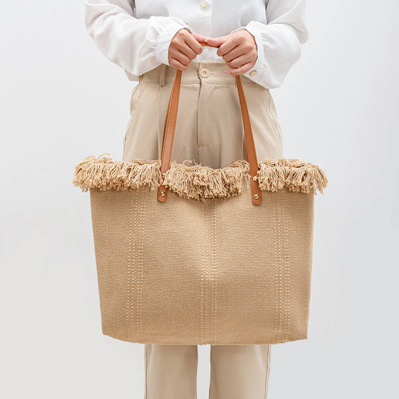 Buddha Stones Large Capacity Solid Color Tassel Canvas Tote Shoulder Bag