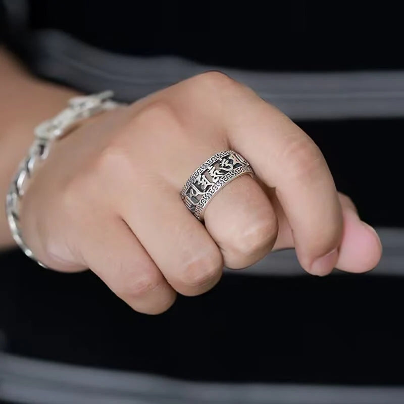 Buddha Stones Vintage Tibet Om Mani Padme Hum Carved Hollow Design Purity Ring