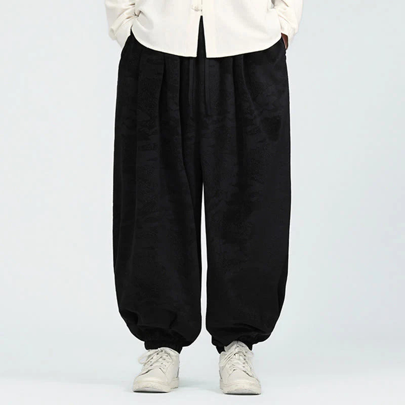 Buddha Stones Fall Plain Jacquard Design Drawstring Men's Harem Pants With Pockets