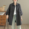 Buddha Stones Fall Pure Color Lapel Button Simple Design Women's Cotton Long Sleeve Jacket