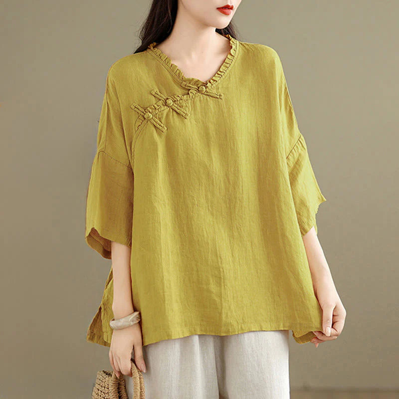 Buddha Stones Spring V-Neck Frog-Button Long Sleeve Plain Women's Cotton Shirt