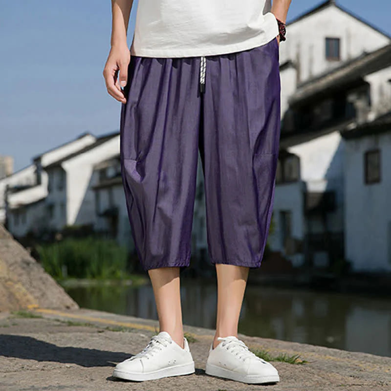 Buddha Stones Summer Elastic Waist Drawstring Solid Color Half Men's Tapered Pants With Pockets