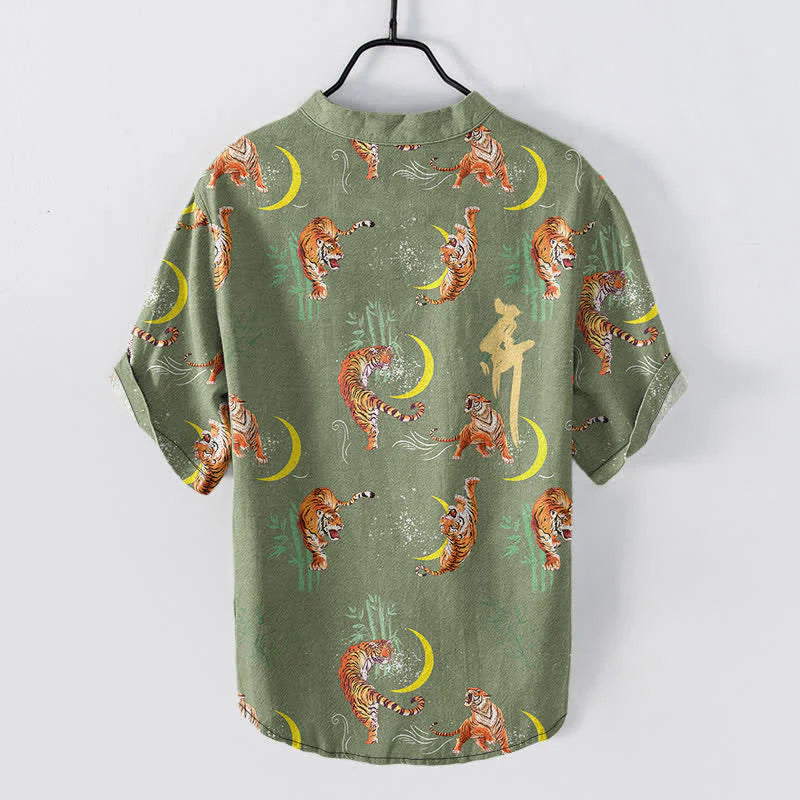 Buddha Stones Tiger Moon Bamboo Men's Short Sleeve Resort Shirt