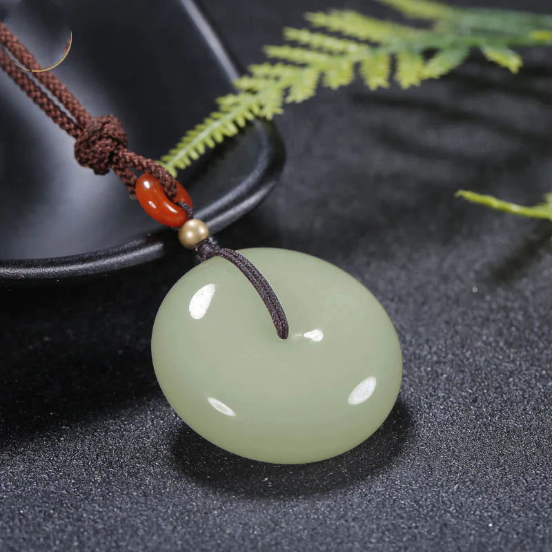 Buddha Stones Round Hetian White Jade Peace Buckle Blessing Necklace Pendant
