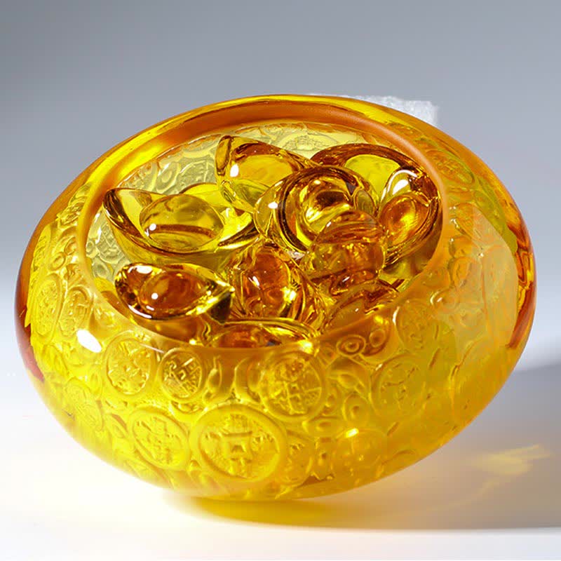Buddha Stones Handmade Liuli Crystal Treasure Bowl Ingots Art Piece Home Decoration