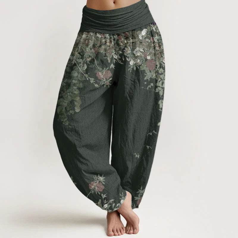 Buddha Stones Pure Cotton Casual Red Peony Flower Vine Design Women's Elastic Waist Harem Pants