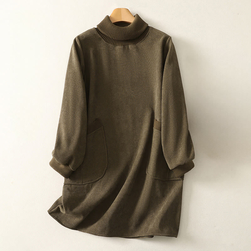 Buddha Stones Winter High Neck Warm Cotton Women's Long Sleeve Midi Dress With Pockets