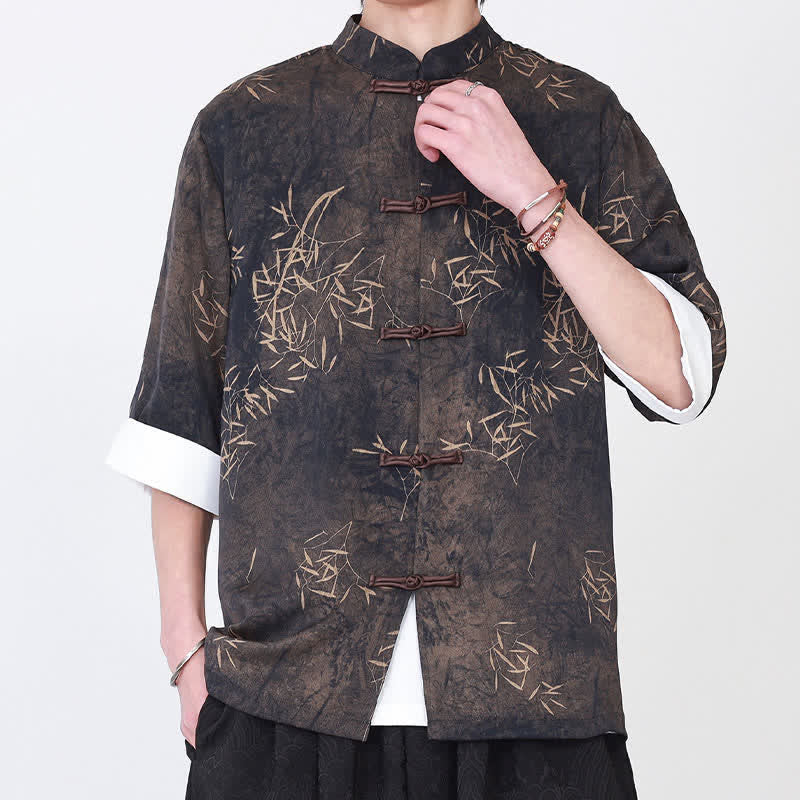Buddha Stones Summer Bamboo Print Mandarin Collar Frog Buttons Men's Elbow-Length Sleeve Shirt