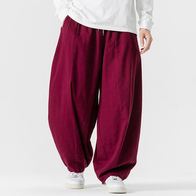 Buddha Stones Fall Solid Color Cotton Elastic Waist Men's Harem Pants With Pockets