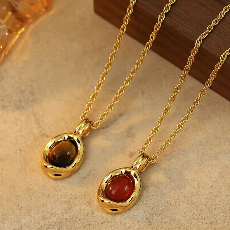Buddha Stones Tiger Eye Red Agate Copper Plated Gold Chain Properity Necklace Pendant