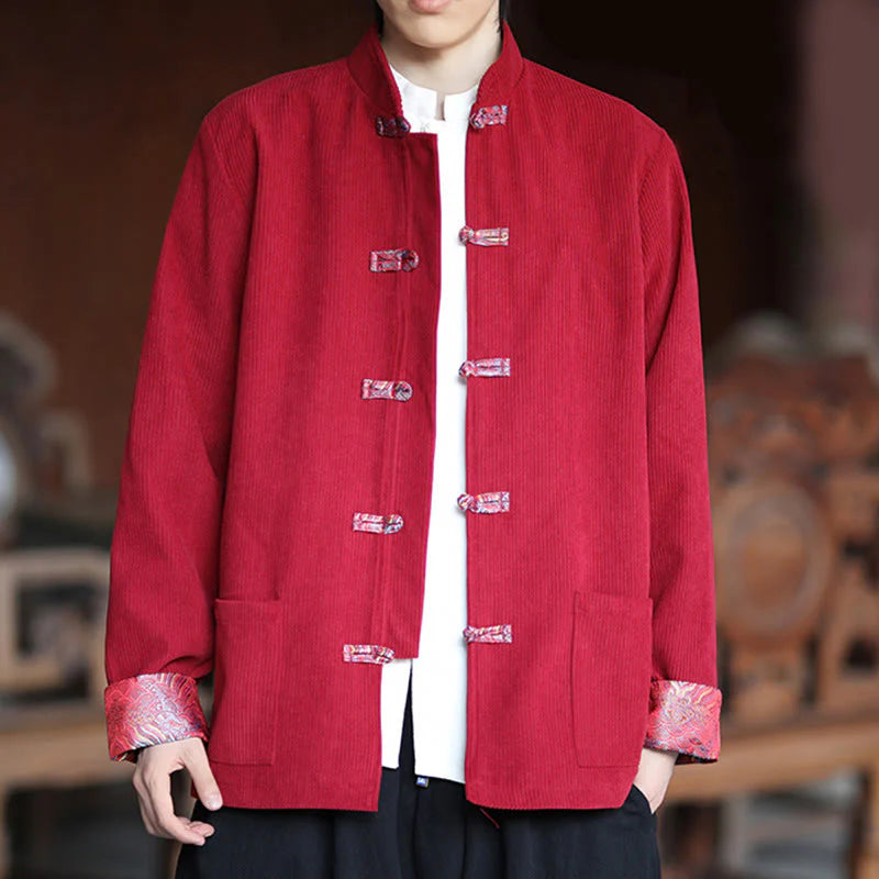 Buddha Stones Spring Jacquard Frog-Button Men's Cotton Corduroy Long Sleeve Jacket With Pockets