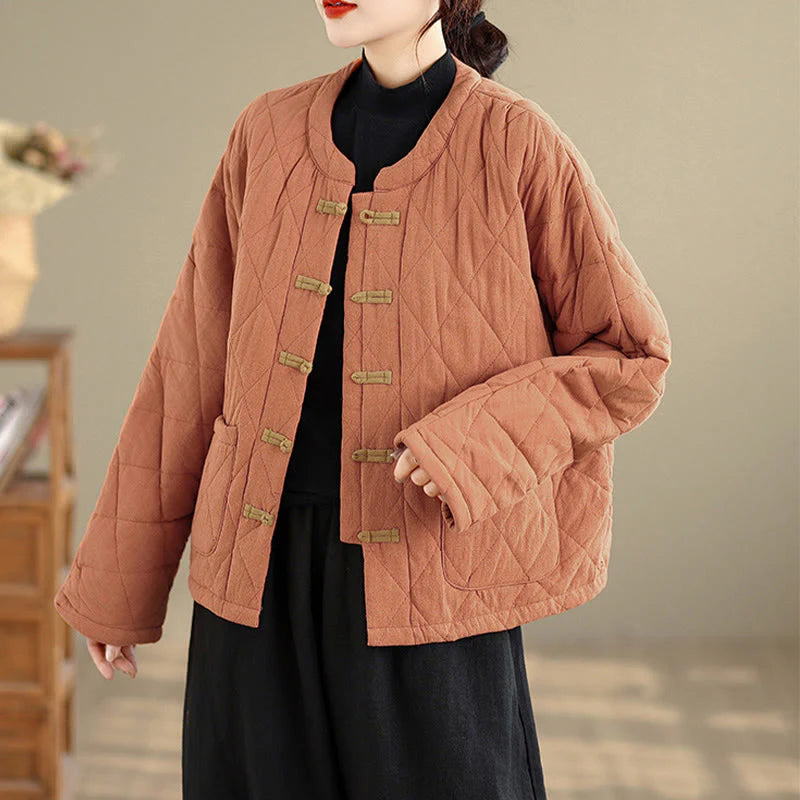 Buddha Stones Winter Frog-Button Diamond-shaped Lines Cotton Long Sleeve Women's Thermal Jacket With Pockets