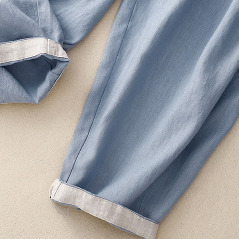 Buddha Stones Summer Plain Elastic Waist Two-tone Cuffs Cropped Women's Tapered Pants With Pockets