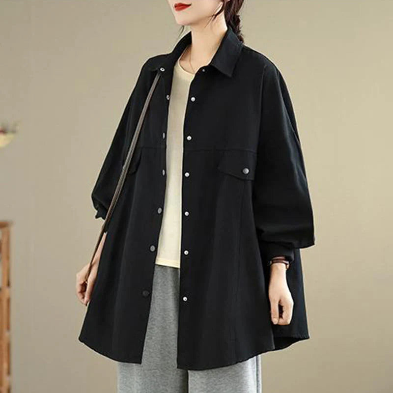 Buddha Stones Fall Pure Color Lapel Button Simple Design Women's Cotton Long Sleeve Jacket
