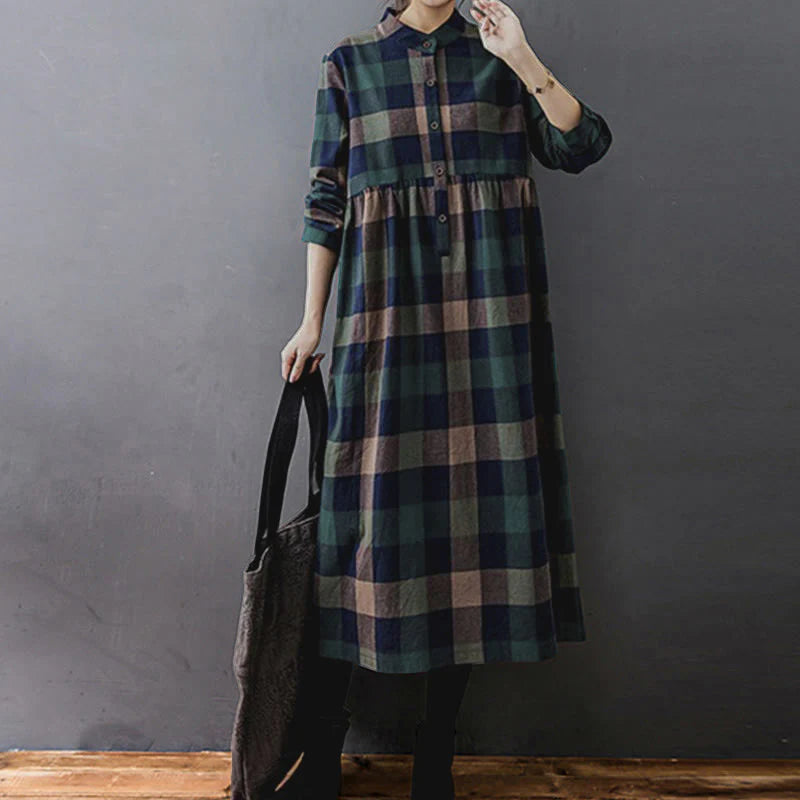 Buddha Stones Commute Patchwork Color Plaid Long Sleeve Cotton Midi Dress