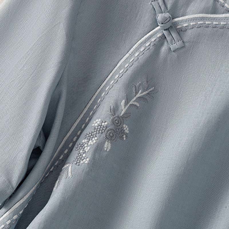 Buddha Stones Summer Stand Collar Short Sleeve Plain Women's  Frog-Button Cotton Shirt With Pocket